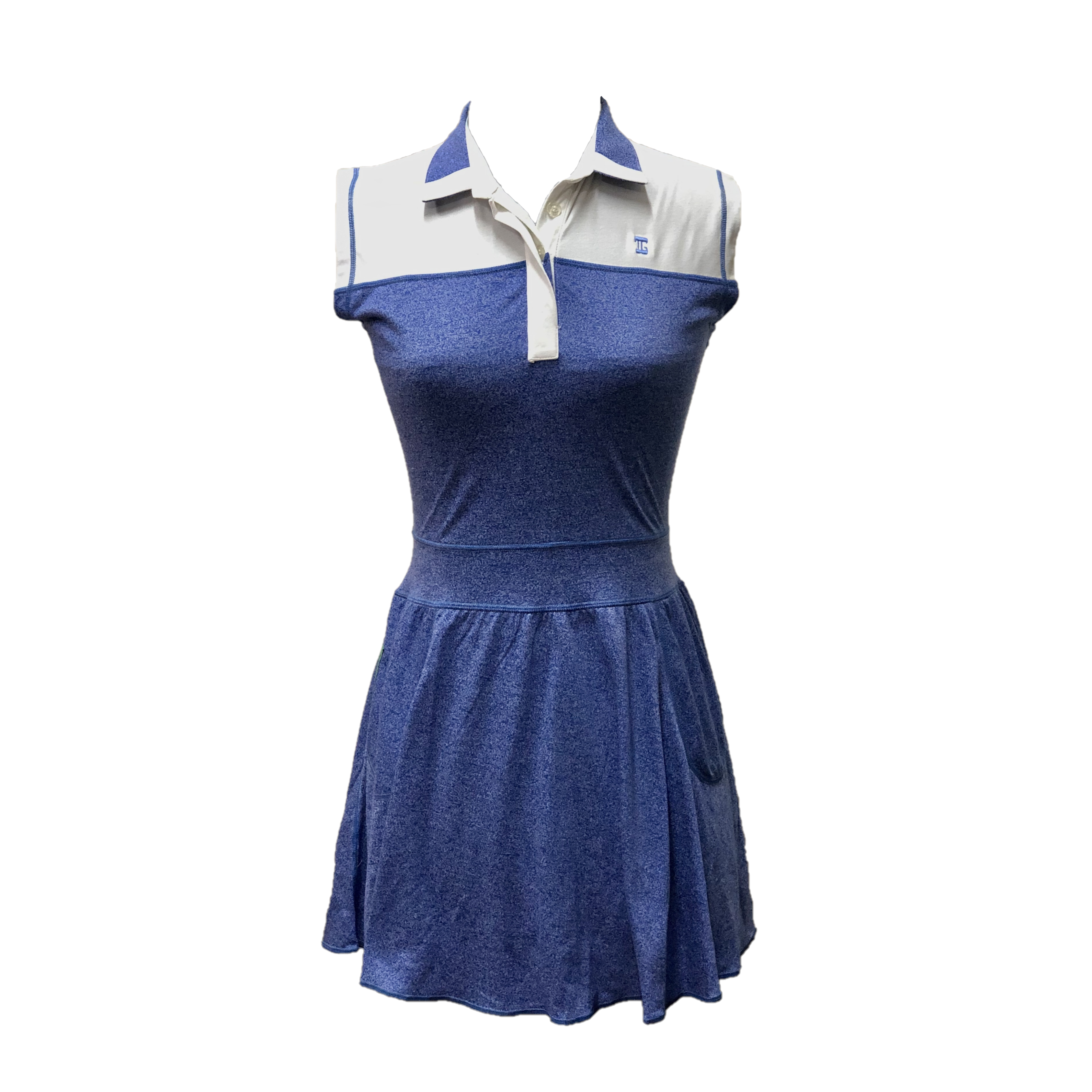 GD-013B || Golf Dress Sleeveless Blue Textured Cloth White Shoulder Panel and Blue & White Collar / Neck Trim