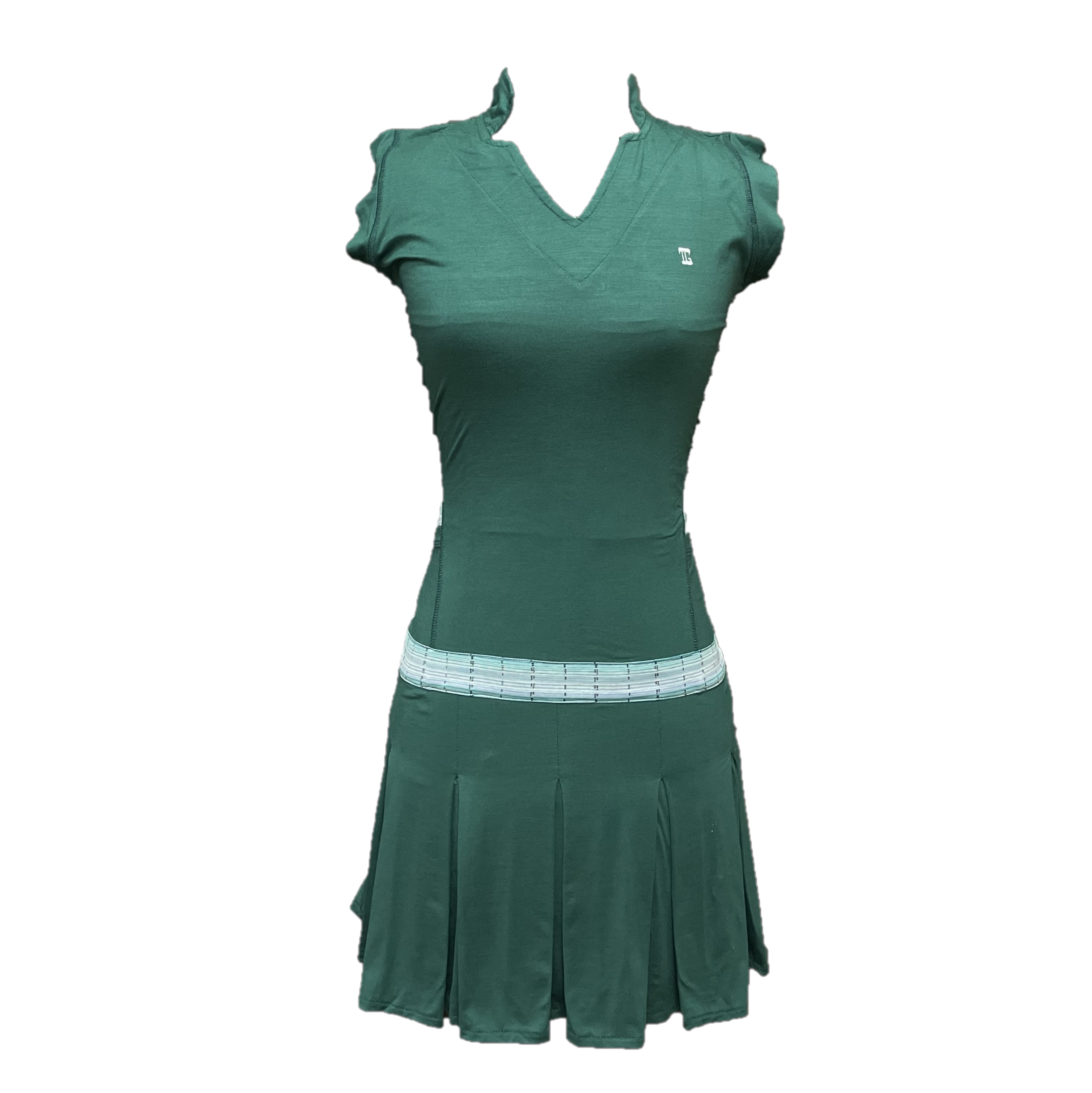 GD-026 || Golf Dress Dark Green Open V Neck Mandarin Collar Pleated Swing Hem with White and Green Fine Striped Motif Breathable Underarm and Hip trim Panels, 2 Side Pockets Sleeveless