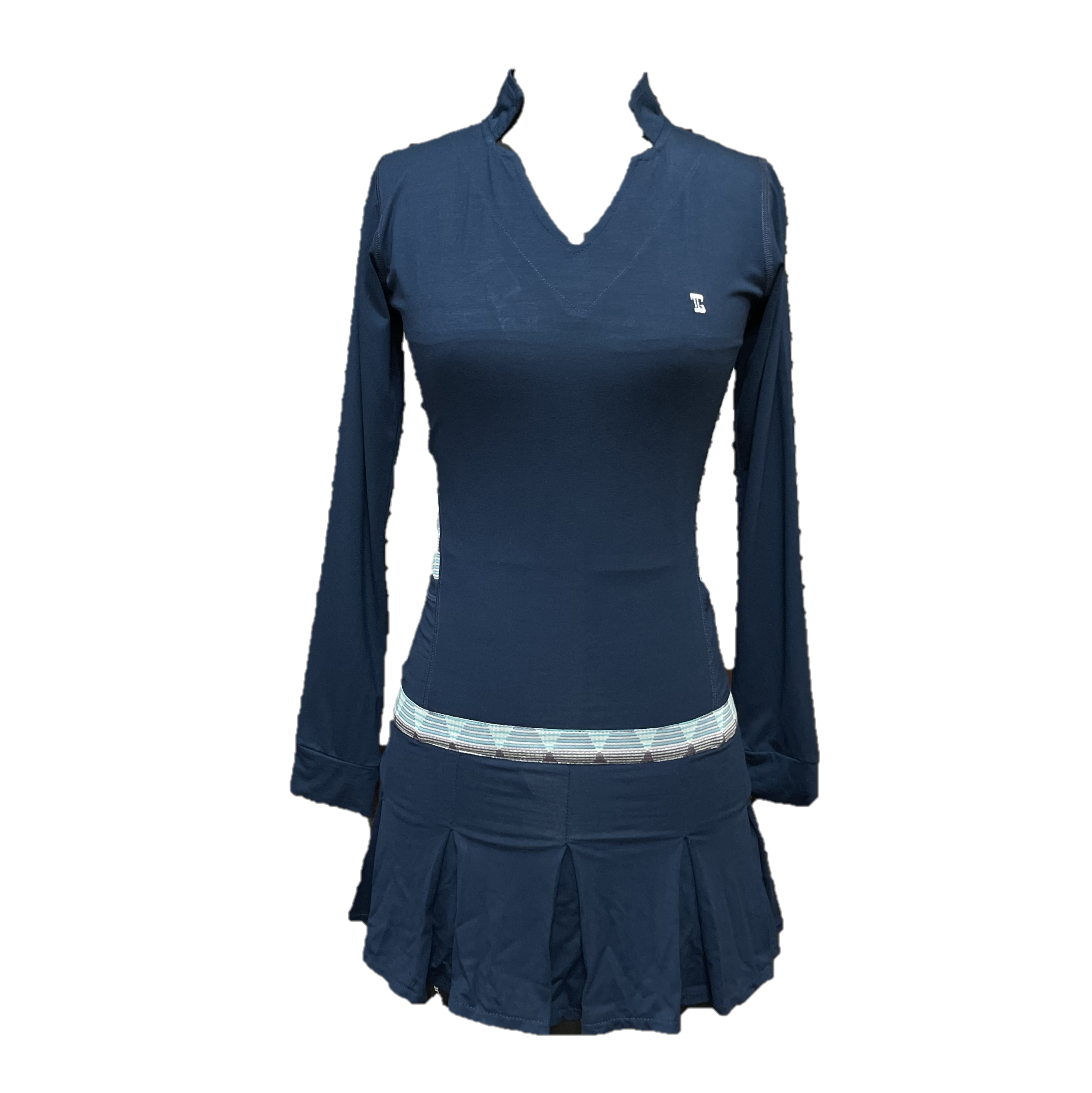 GD-027 || Golf Dress Navy, Open V Neck Mandarin Collar Pleated Swing Hem with White, Black Purple & Blue Triangle Pattern Breathable Underarm and Hip Trim, 2 Side Long Sleeve