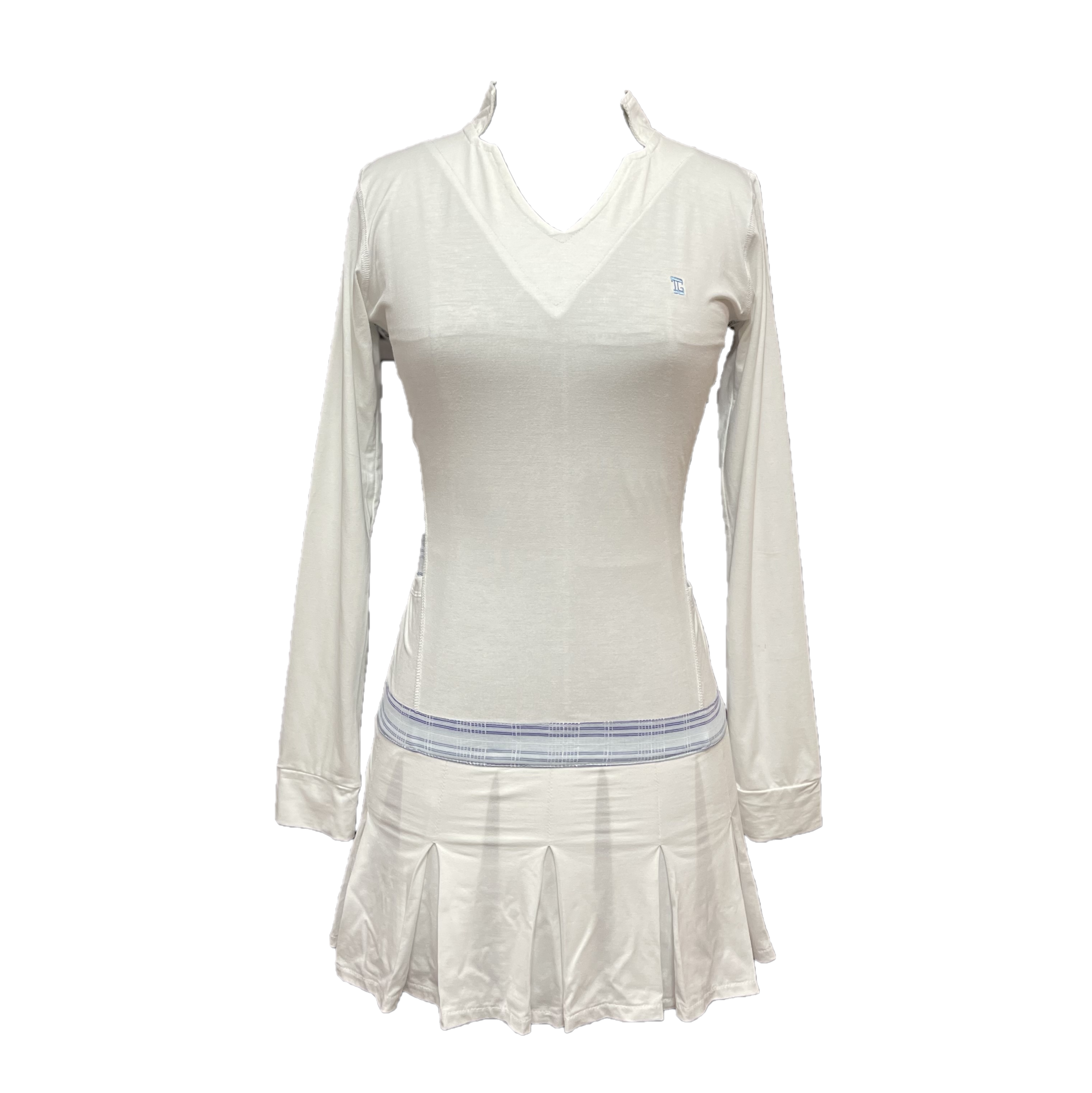 GD-027A || Golf Dress White, Open V Neck Mandarin Collar Pleated Swing Hem with White, Blue, Black & White Horizontal & Vertical Stripes Breathable Underarm and Hip Trim, 2 Side Pockets Long Sleeve