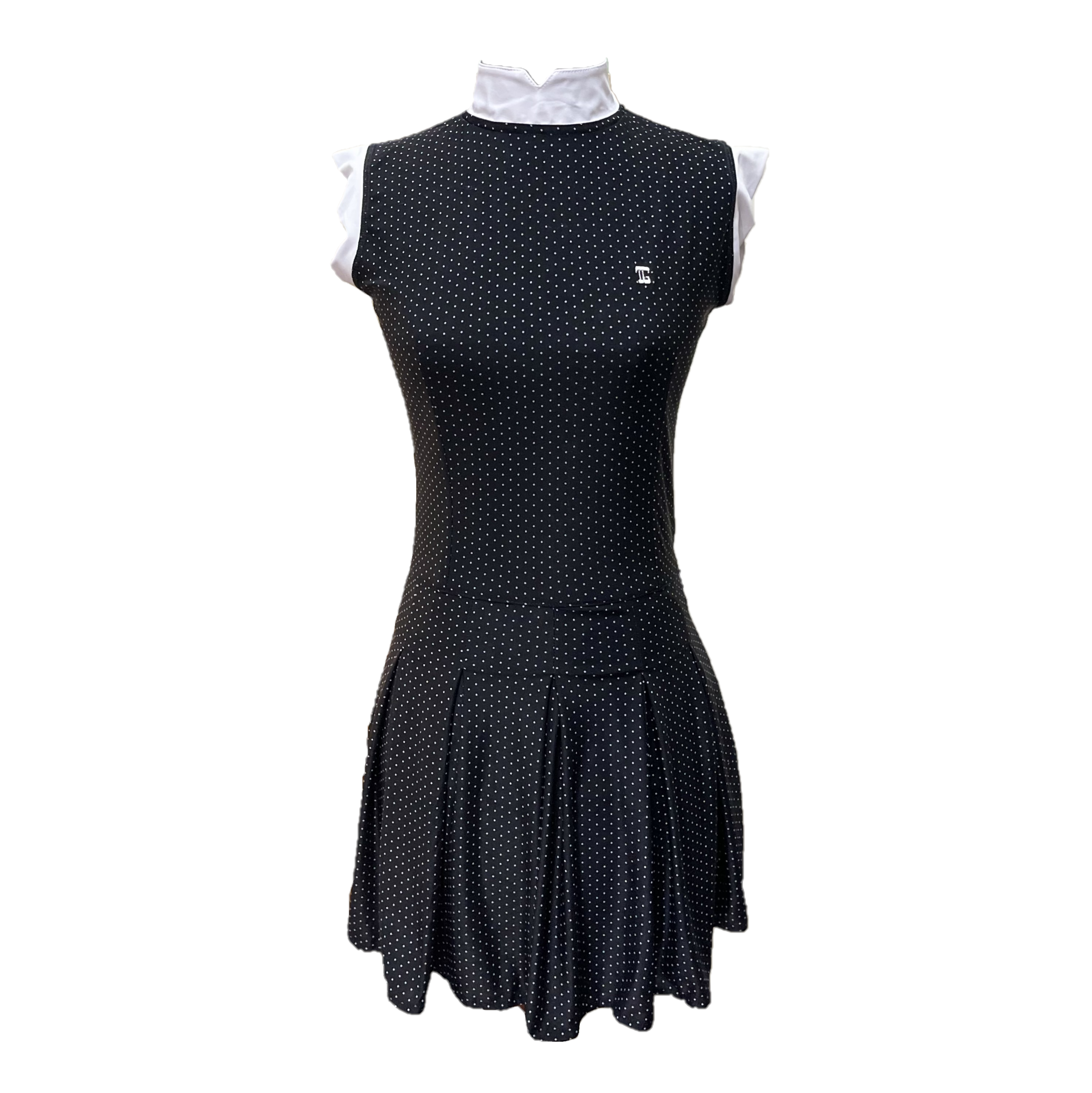 GD-028B || Golf Dress Soft Feel Black Short Sleeve Mandarin Neck with White Micro Polka Dots White Collar and Sleeve Trim 1 Side Pockets 1/3 Lower Pleated / Swing Section