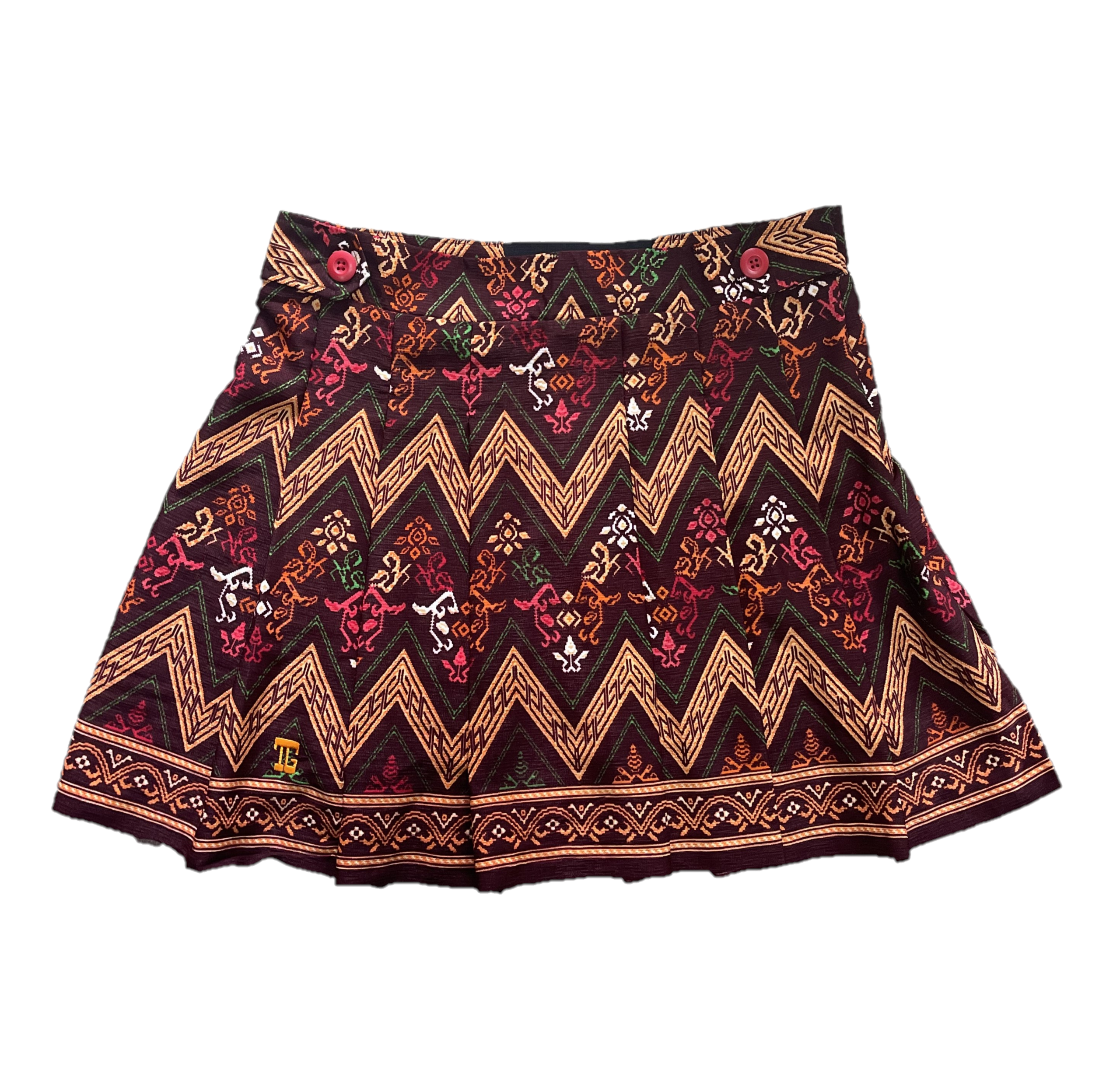 LS-083G || Skirt Brown, Red, Yellow and White Modern Indonesian Batik (Dominant Orange W Motif) Side Button Waist Fastening Large Knife Pleated