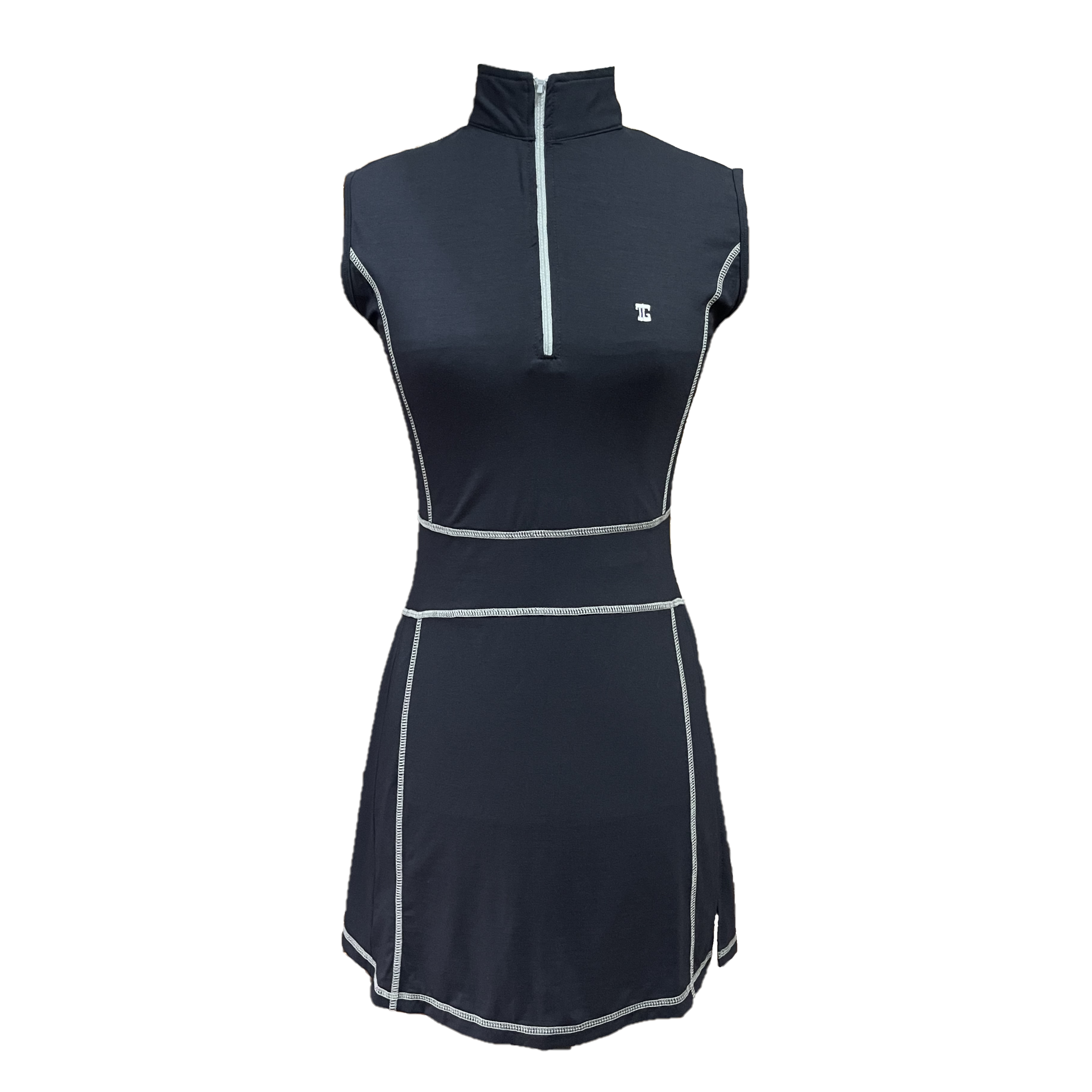 GD-035 || Golf Dress Black Sleeveless, with Zipper Mock Polo Neck with White Overlock Stitching and Two Folds on The Bottom Side