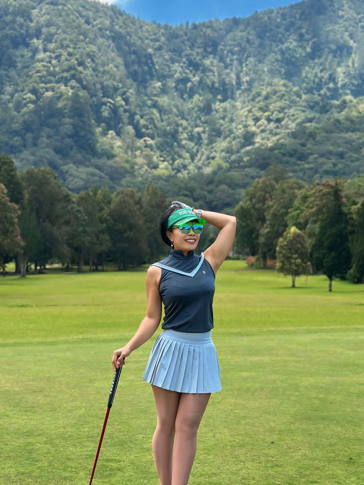 LT-130A || Ladies Top Sleeveless Blue Two-tone Yellow and White V Chest Stripes Trim Mandarin Neck & Rear Zip - Image 3