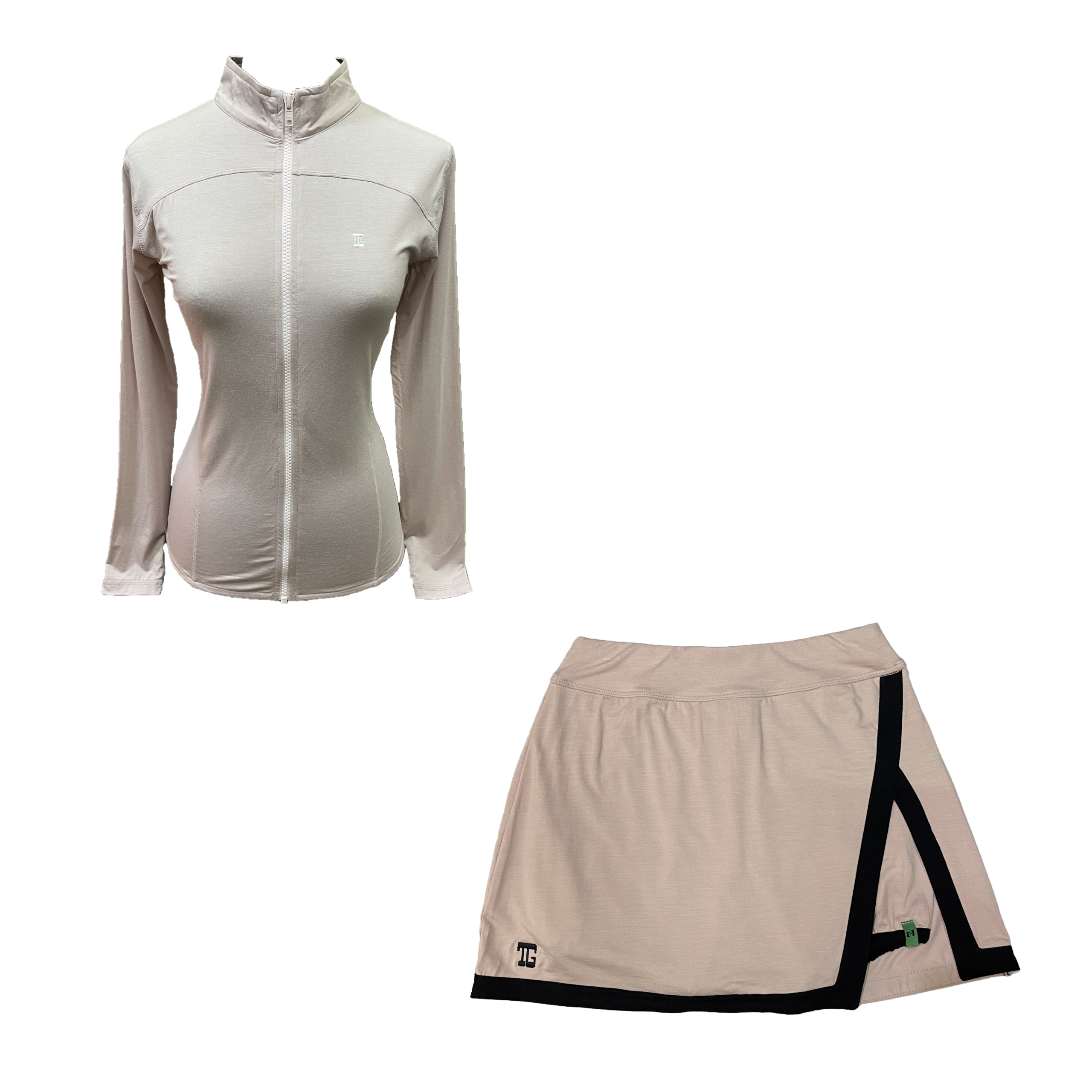 LGS-023 || Golf Set - Top Long Sleeve Mock Neck with Zipper Pink Nude Color. Pink Nude Skirt with a Black Combination on The Edges and an Inverted V-Slit on The Left Side