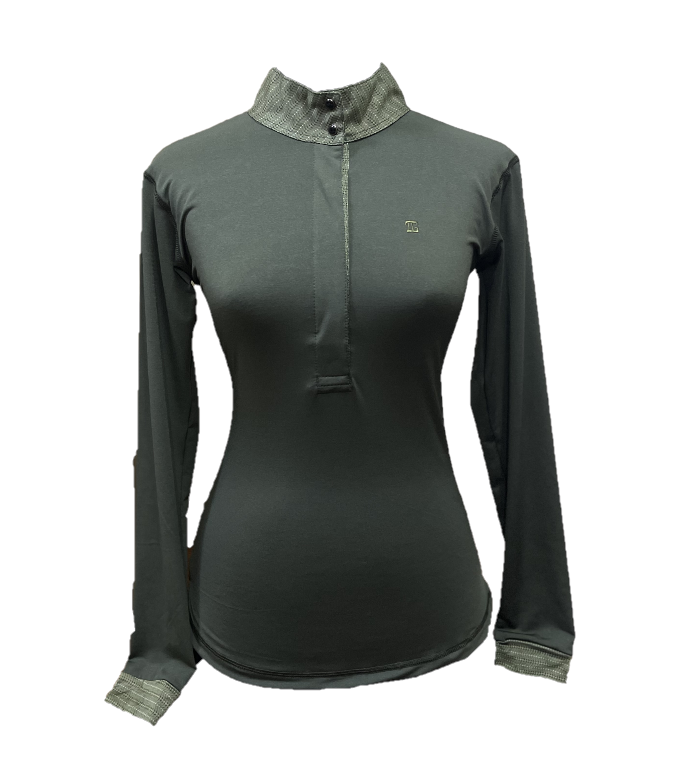 LT-139 || Ladies Top Long Sleeve Army Green with Collar and Sleeve Trim Green Motif and Snap Pearl Buttons