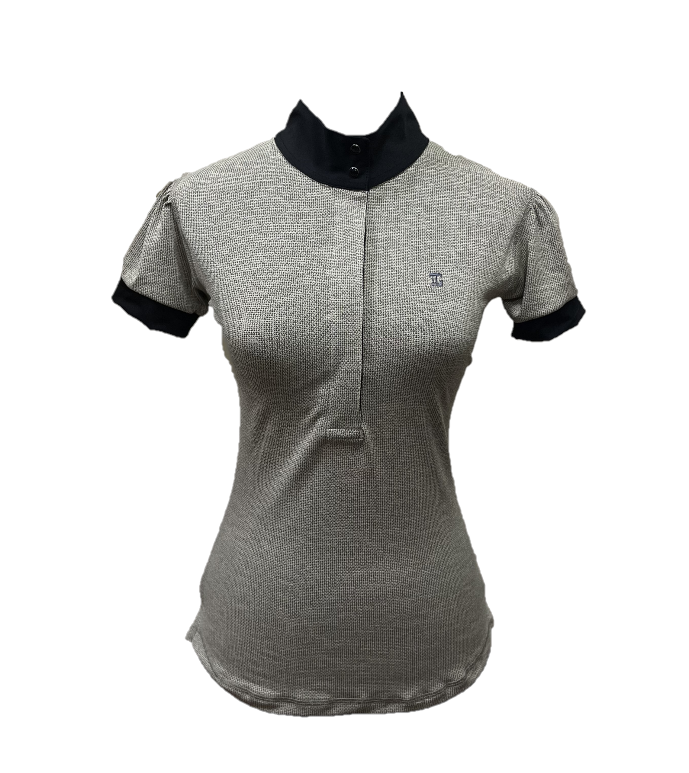 LT-140 || Ladies Top Short Sleeve Grey w Black Horiz Dashed Stripes with Collar and Sleeve Trim Black