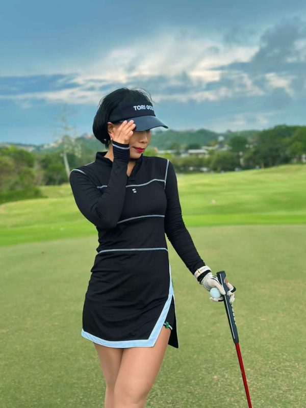 GD-034 || Golf Dress Black V Neck Mandarin Collar, Long Sleeve with  Contrast White Trim