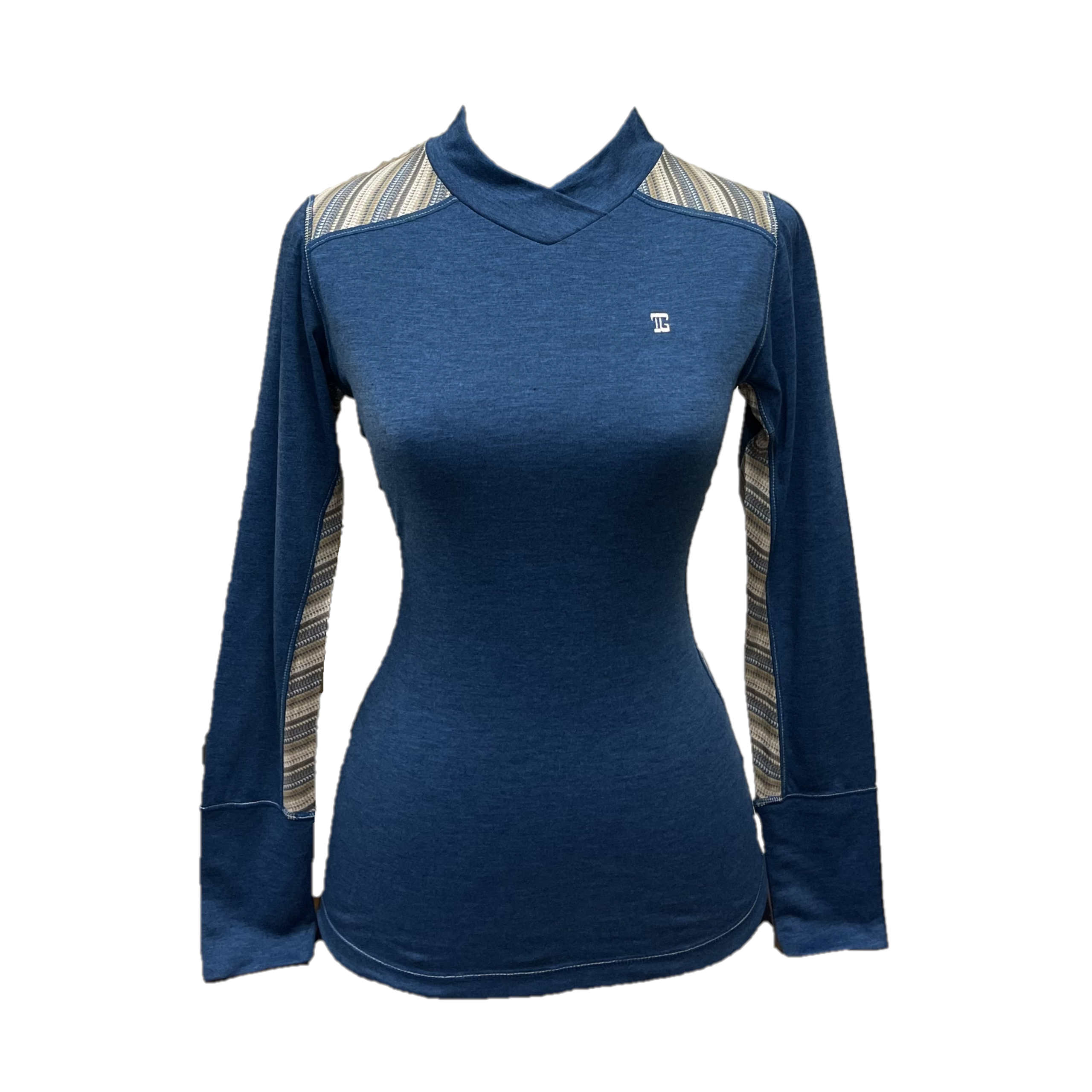 LT-100E || Ladies Top Ladies Top Blue with Red Cream Batik Side Panel & Shoulders Slash Round with V Featured Collar / Panel Neck