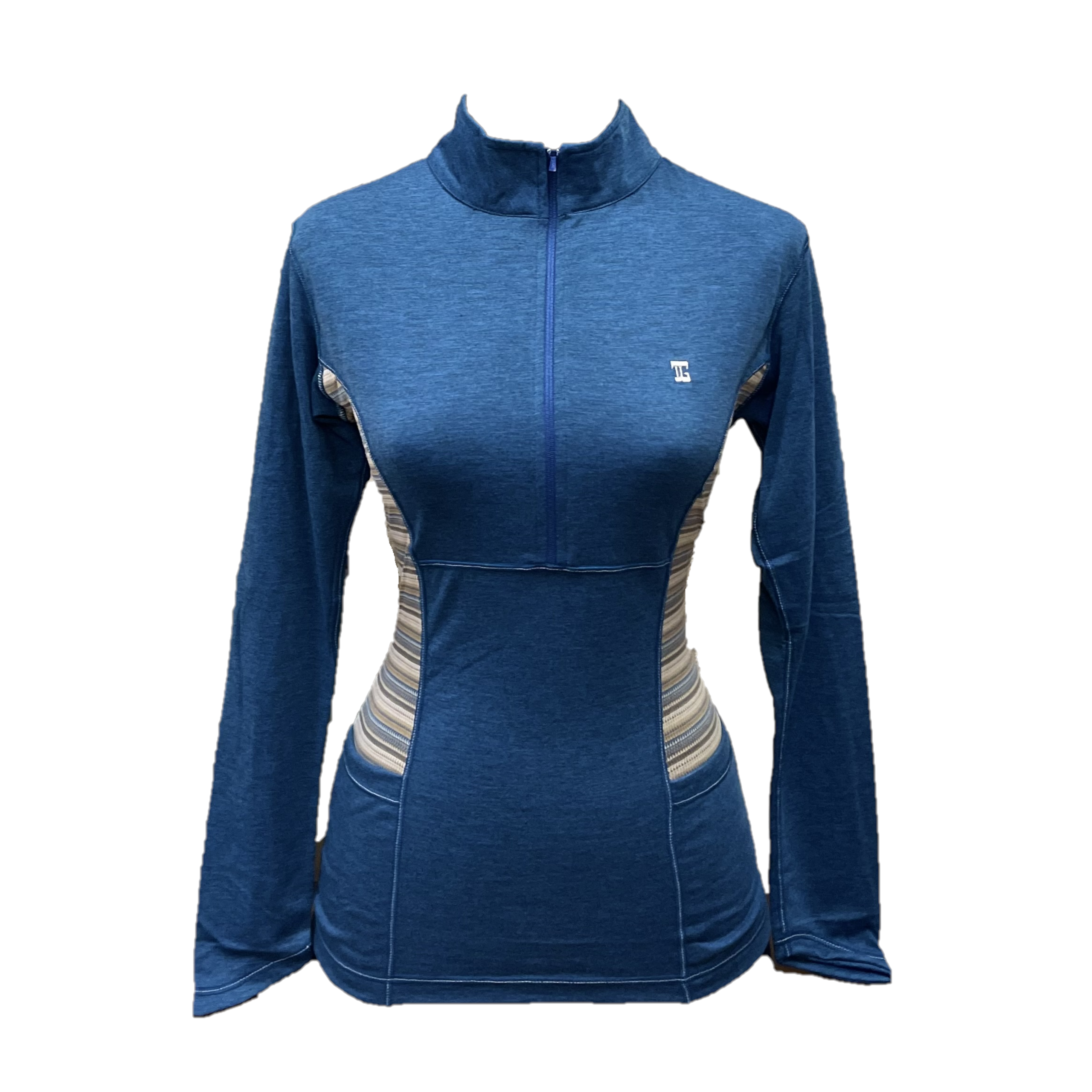 LT-116A || Ladies Top Dark Blue with Zipper Long Sleeve with Yellow Blue Stripes Panels on the Right and Left Sides of the Body