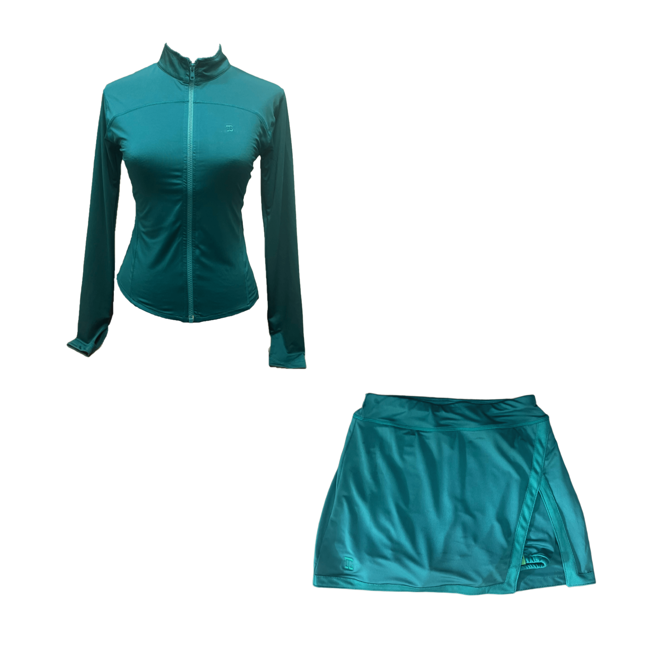 LGS-023A || Golf Set - Top Long Sleeve Mock Neck with Zipper Green Tosca Color. Green Tosca Skirt with a Light Green Combination on The Edges and an Inverted V-Slit on The Left Side.