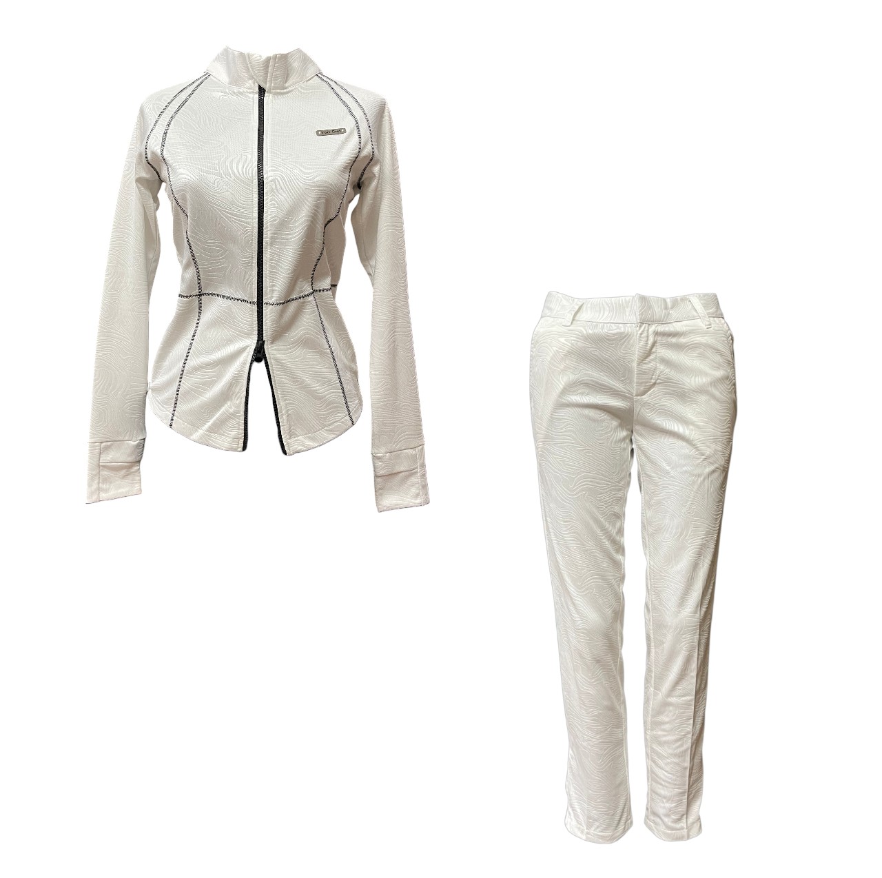 LGS-024A || Golf Set - White Color Long Sleeve and Mock Neck Top with a Black Double Sliders Zipper and Thread Stitching Patterns, Polyester with Embossed Fabric and White Straight Slim Fit Trousers with Belt Loop at the Waist