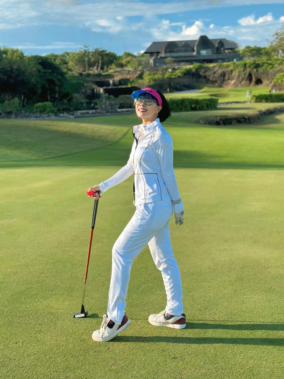 LGS-024A || Golf Set - White Color Long Sleeve and Mock Neck Top with a Black Double Sliders Zipper and Thread Stitching Patterns, Polyester with Embossed Fabric and White Straight Slim Fit Trousers with Belt Loop at the Waist - Image 4