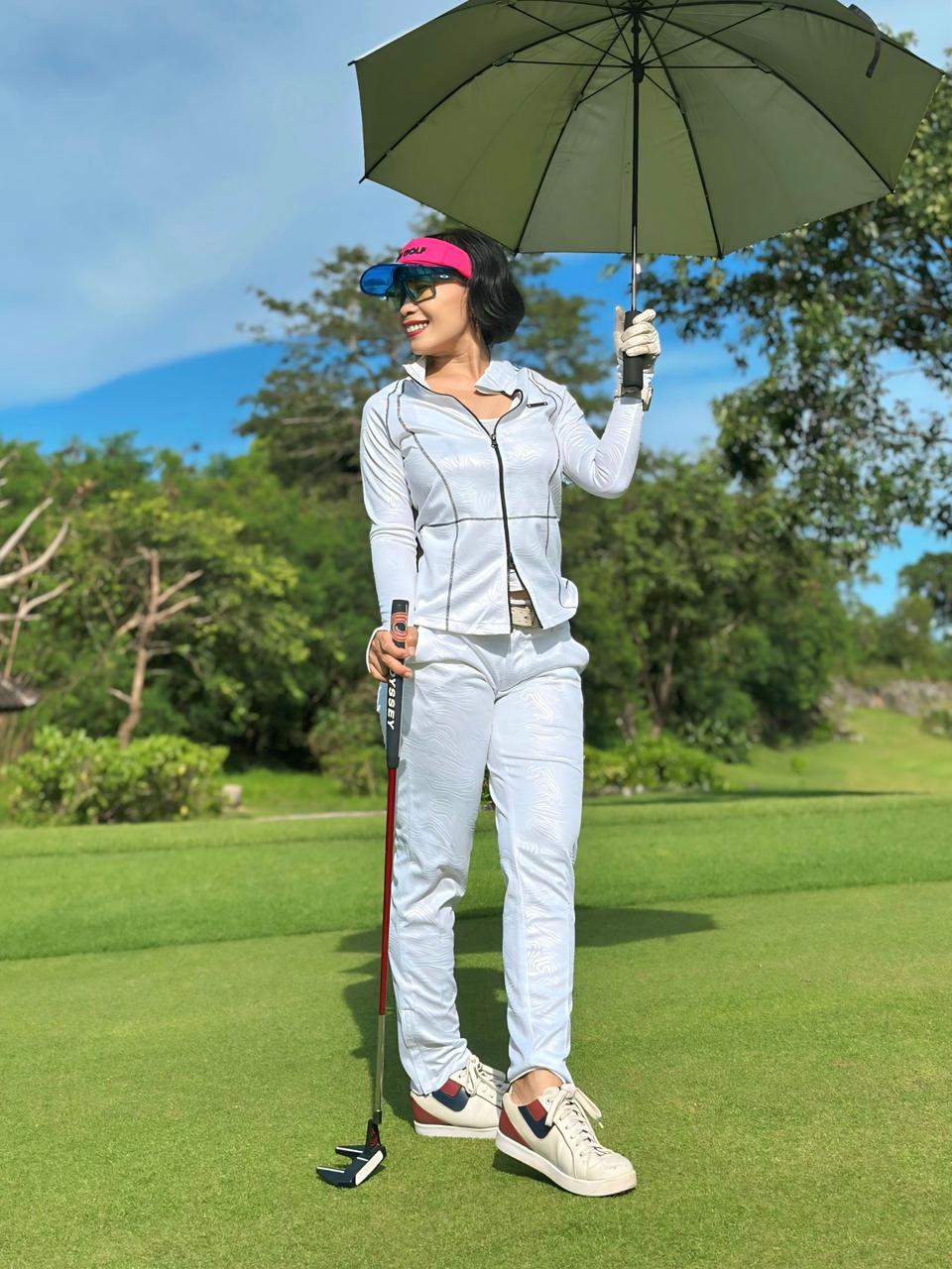 LGS-024A || Golf Set - White Color Long Sleeve and Mock Neck Top with a Black Double Sliders Zipper and Thread Stitching Patterns, Polyester with Embossed Fabric and White Straight Slim Fit Trousers with Belt Loop at the Waist - Image 2