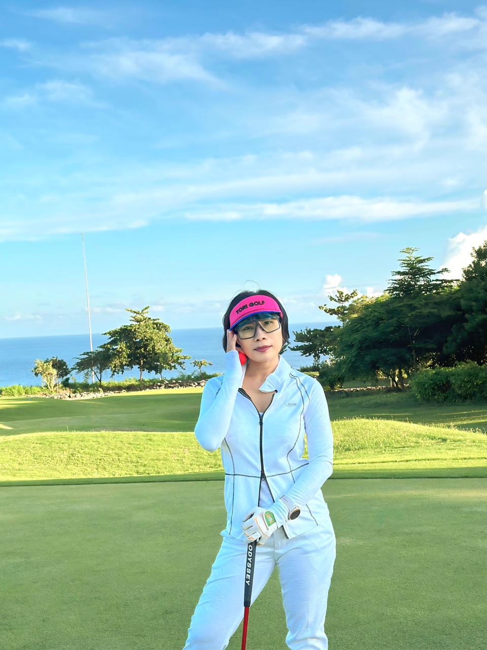LGS-024A || Golf Set - White Color Long Sleeve and Mock Neck Top with a Black Double Sliders Zipper and Thread Stitching Patterns, Polyester with Embossed Fabric and White Straight Slim Fit Trousers with Belt Loop at the Waist - Image 5