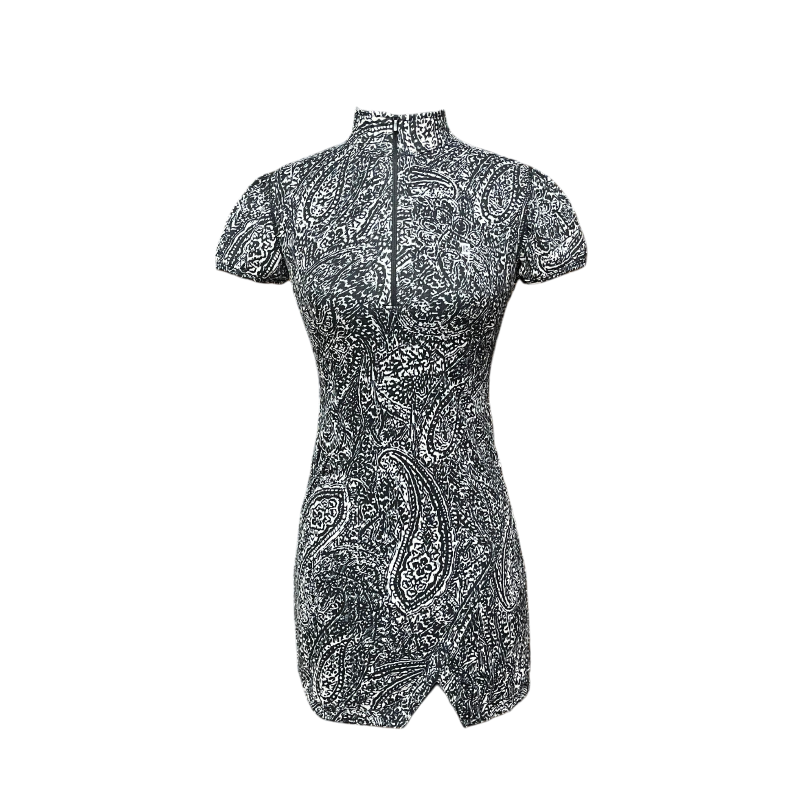 GD-024G || Golf Dress Black and White Modern Batik Motif & Front Short Hem Split with Rear Pleated Hem Panel Lapel Zip Fastening