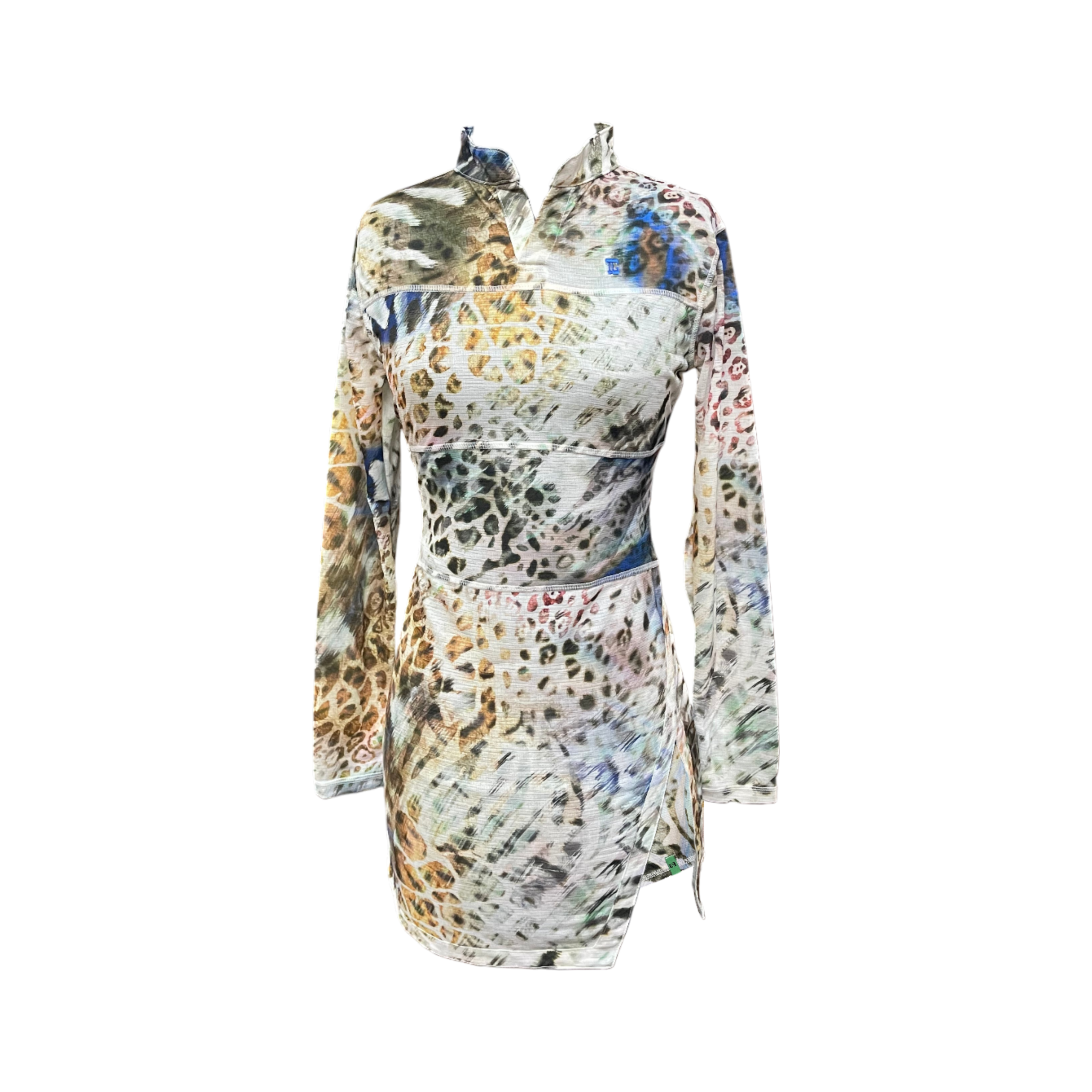GD-034A || Golf Dress Leopard Motif Yellow, Blue, Black and White Colors V Neck Mandarin Collar, Long Sleeve and Modern Seam Detailing with and an Inverted V-Slit on The Left Side