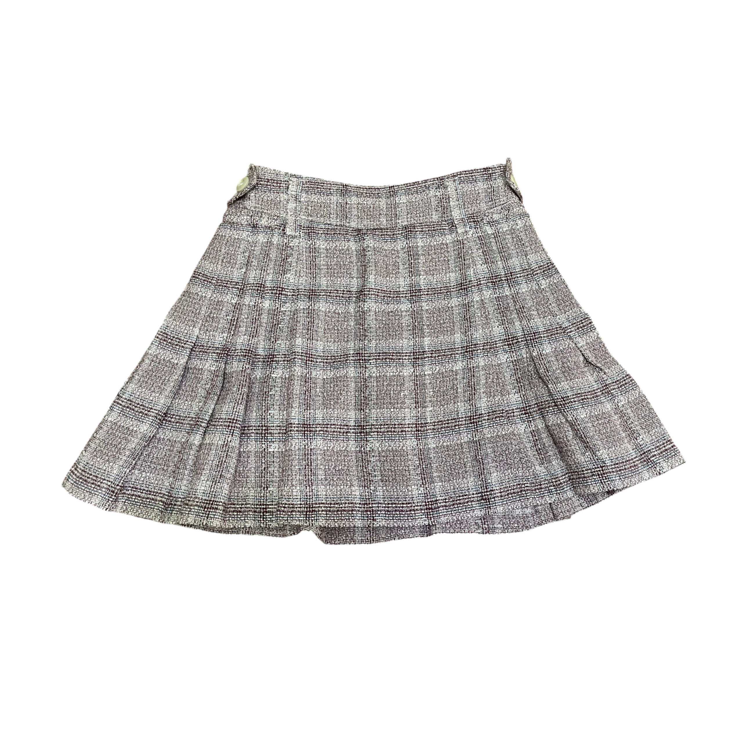 LS-081D || Skirt Mid Brown, Dark Brown and Blue Horizontal and Vertical Tartan Striping Pleated Side Left and Right Waist Fastening Botton Two Straight Cut Front Pocket