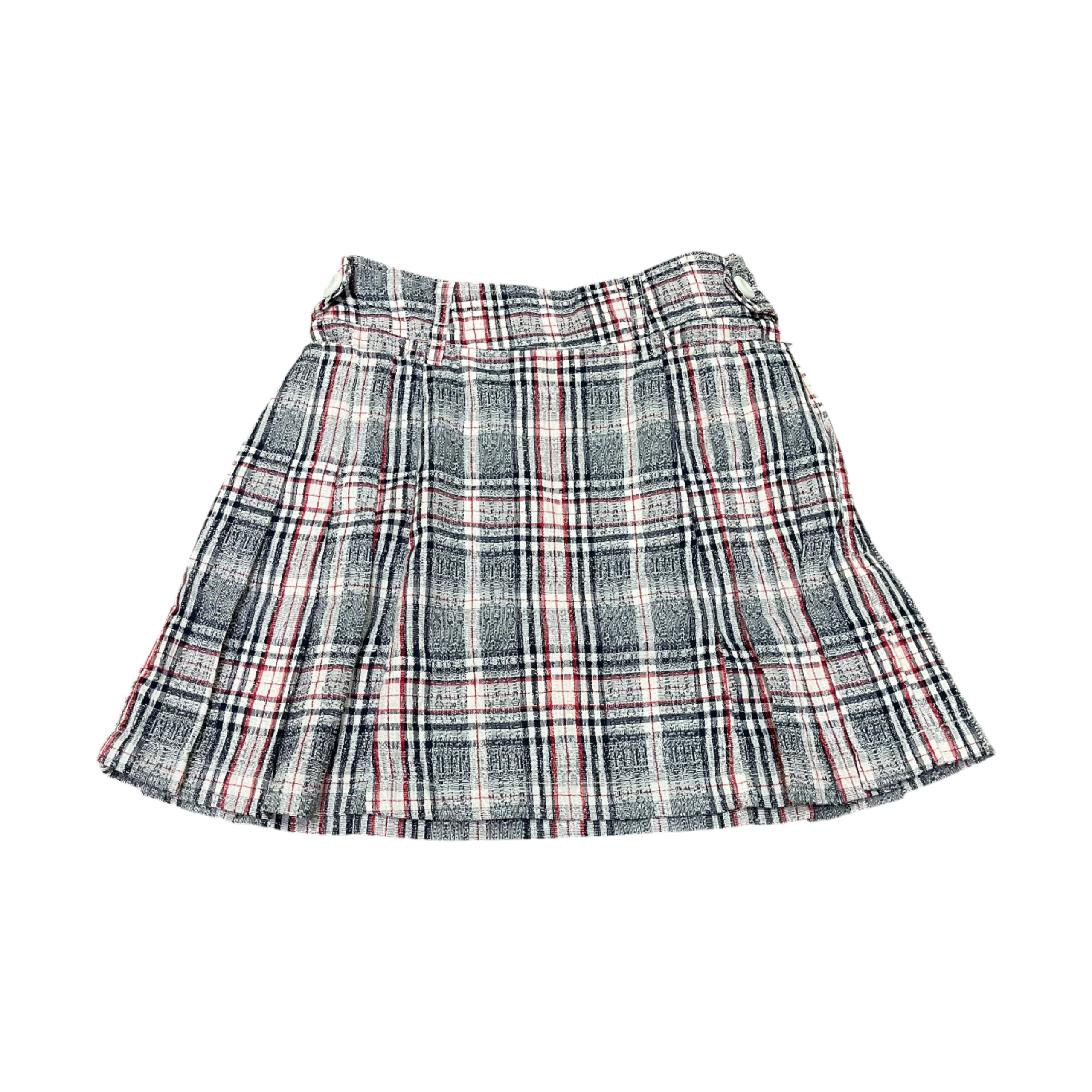 LS-081E || Skirt Mid Navy, Red and White Horizontal and Vertical Tartan Striping Pleated Side Left and Right Waist Fastening Botton Two Straight Cut Front Pocket