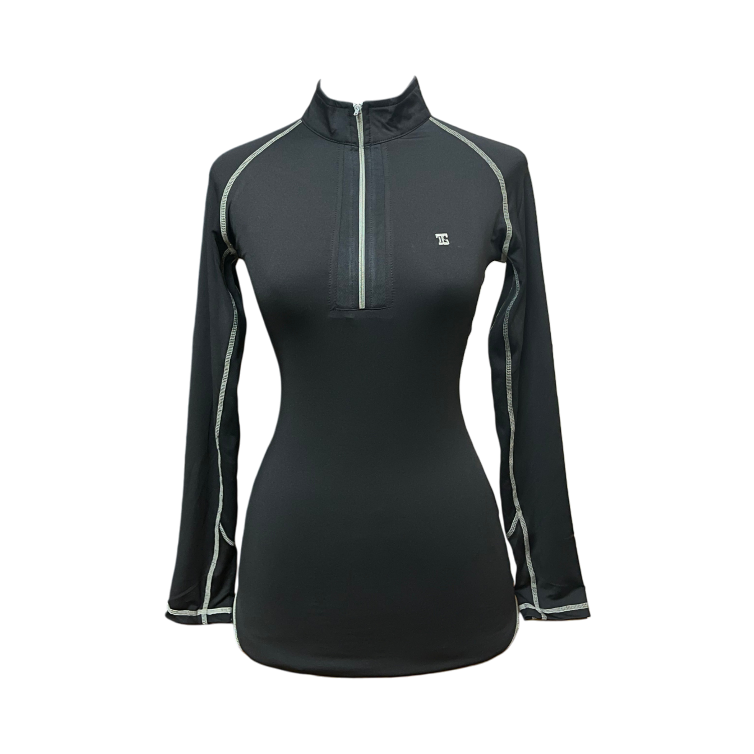 LT-099C || Ladies Top Long Sleeve Black with Fine Black Motif Pin Striped Neck Trim and Underarm Panels Mock Turtle Zipper Neck