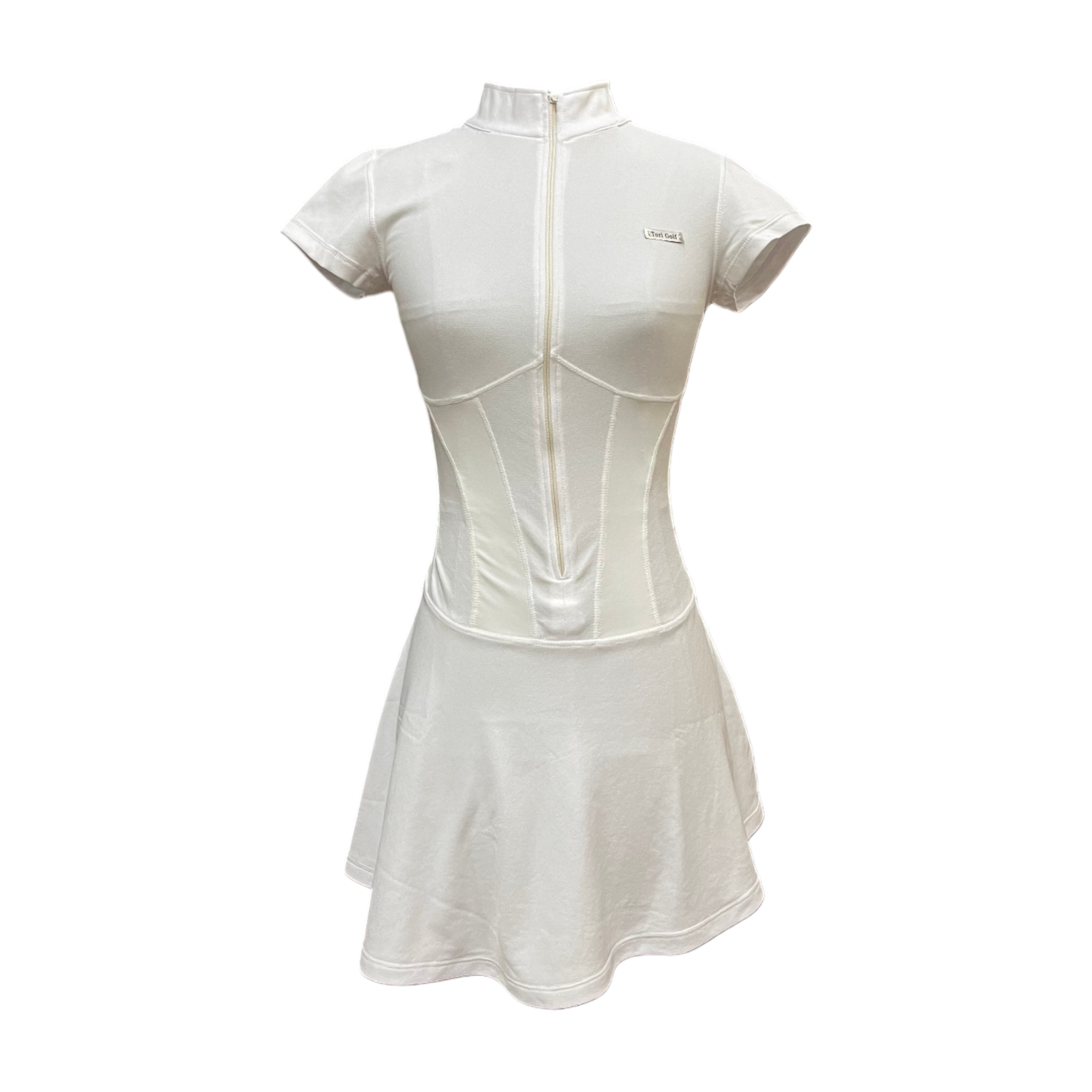 GD-037 || Golf Dress White with a Mixed-Fabric Design Under The Bust, a High Collar with a Front Fastening Zipper and A-Line with a Wavy Style