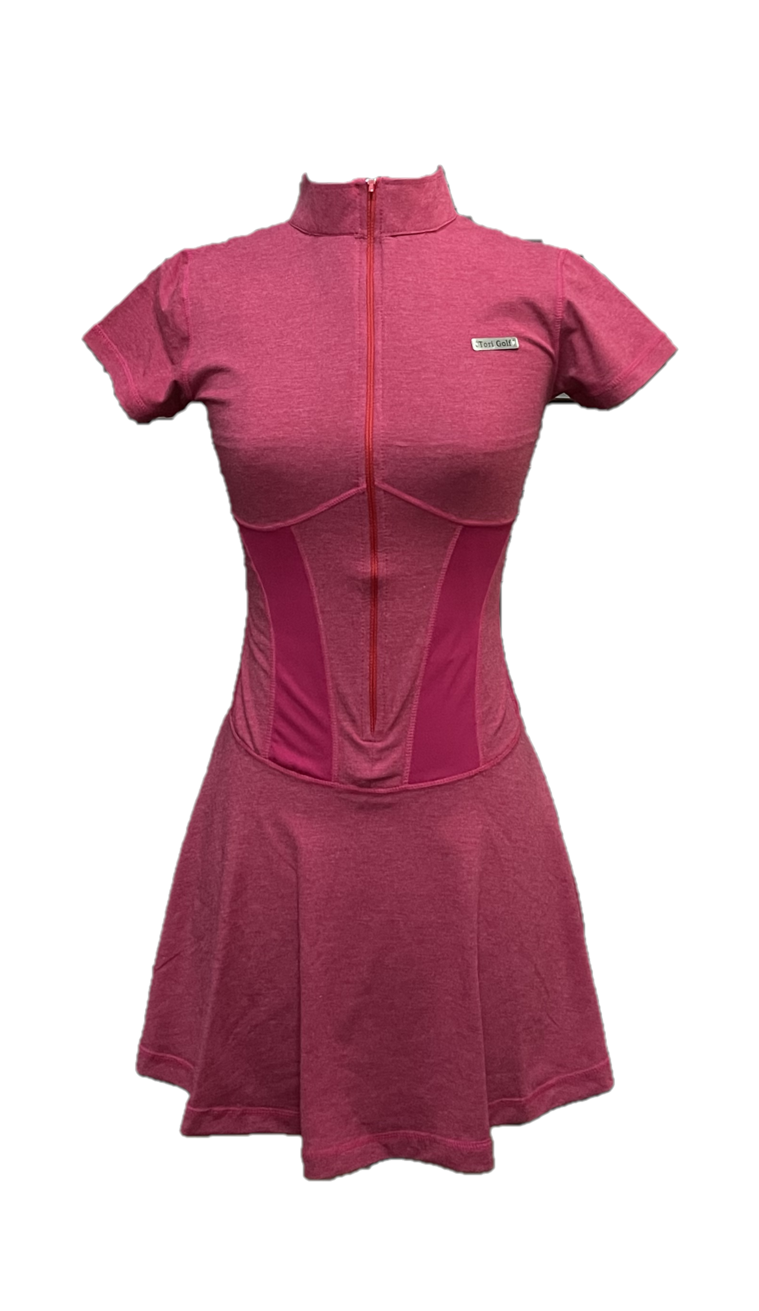 GD-037A || Golf Dress Magenta Pink with a Mixed-Fabric Design Light Pink Under the Bust, a High Collar with a Front Fastening Zipper and A-Line with a Wavy Style